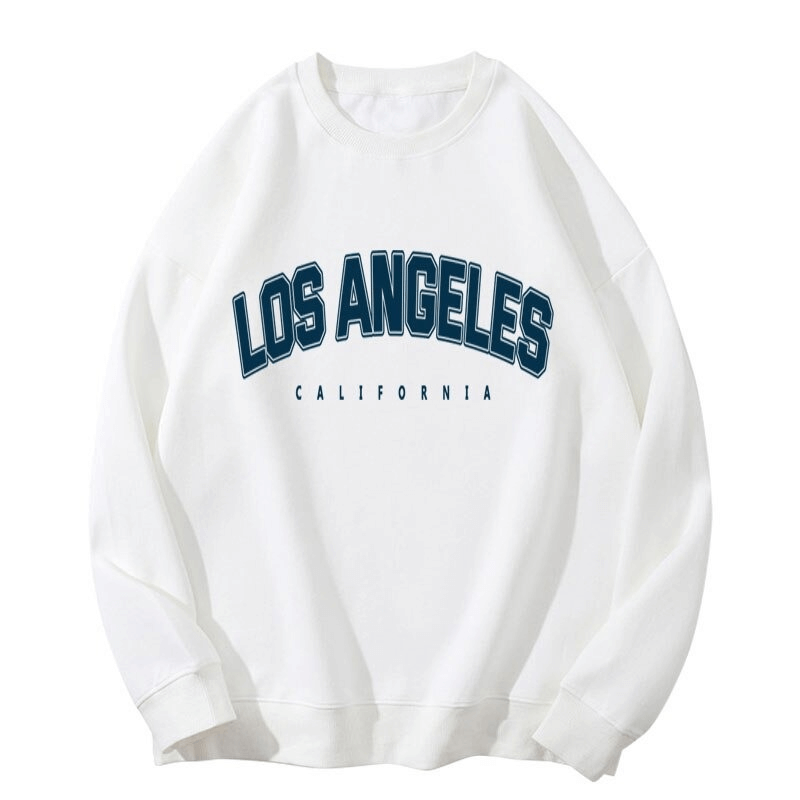 Stylish women's sweatshirt with "Los Angeles California" graphic print, warm fleece, natural fiber, loose fit, perfect for cozy everyday wear.